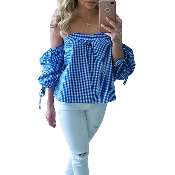 1M LEFT! Blue checkered off shoulder top - Picture 3 of 9